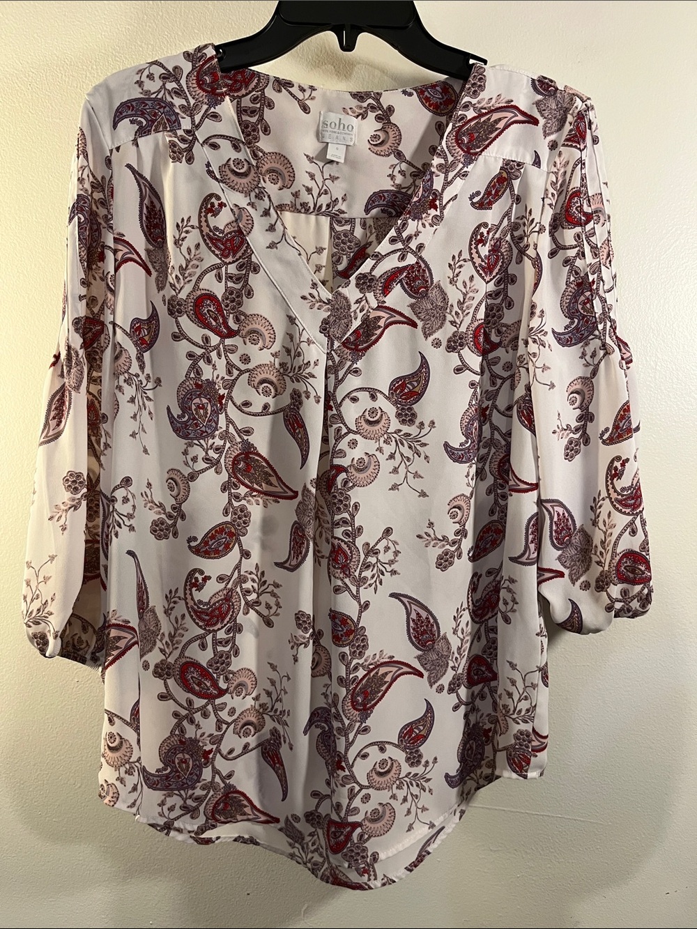 Soho Ivory Paisley V-Neck Tunic with Burgundy Accents